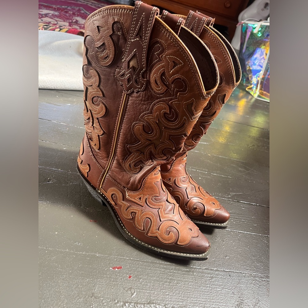 Rockin Country brown leather embroidered 8M western cowboy boots - Picture 6 of 9